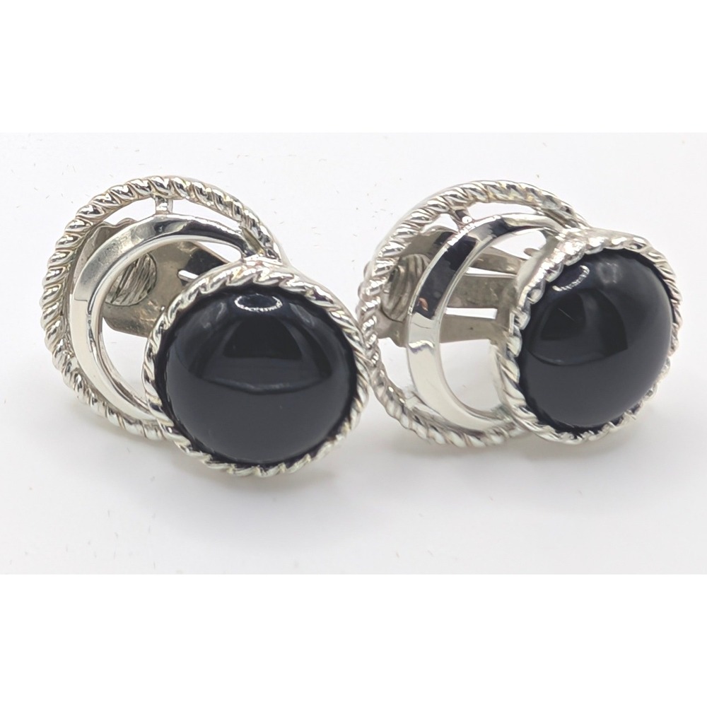 Vintage Sarah Coventry Silver Tone Black Cabochon Clip On Earrings SAC Signed